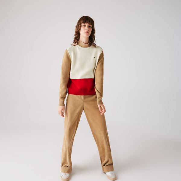 Lacoste Made in France Crew Neck Colourblock Wool Sweater - Svetr Dámské Červené / Bílé / Béžový | C